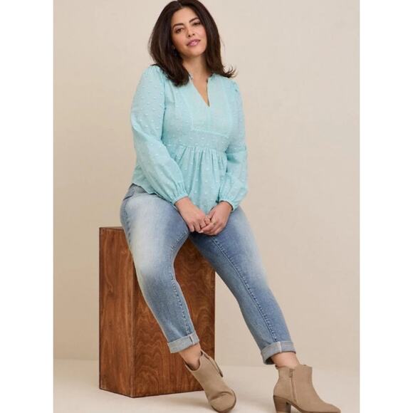 Torrid Plus Clip‎ Dot Mixed Eyelet Yoke Peasant Top Blue Size 1X - Picture 3 of 11